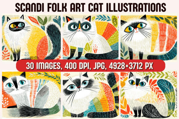 Download Scandi Folk Art Cat Illustrations - Cat illustrations Collection